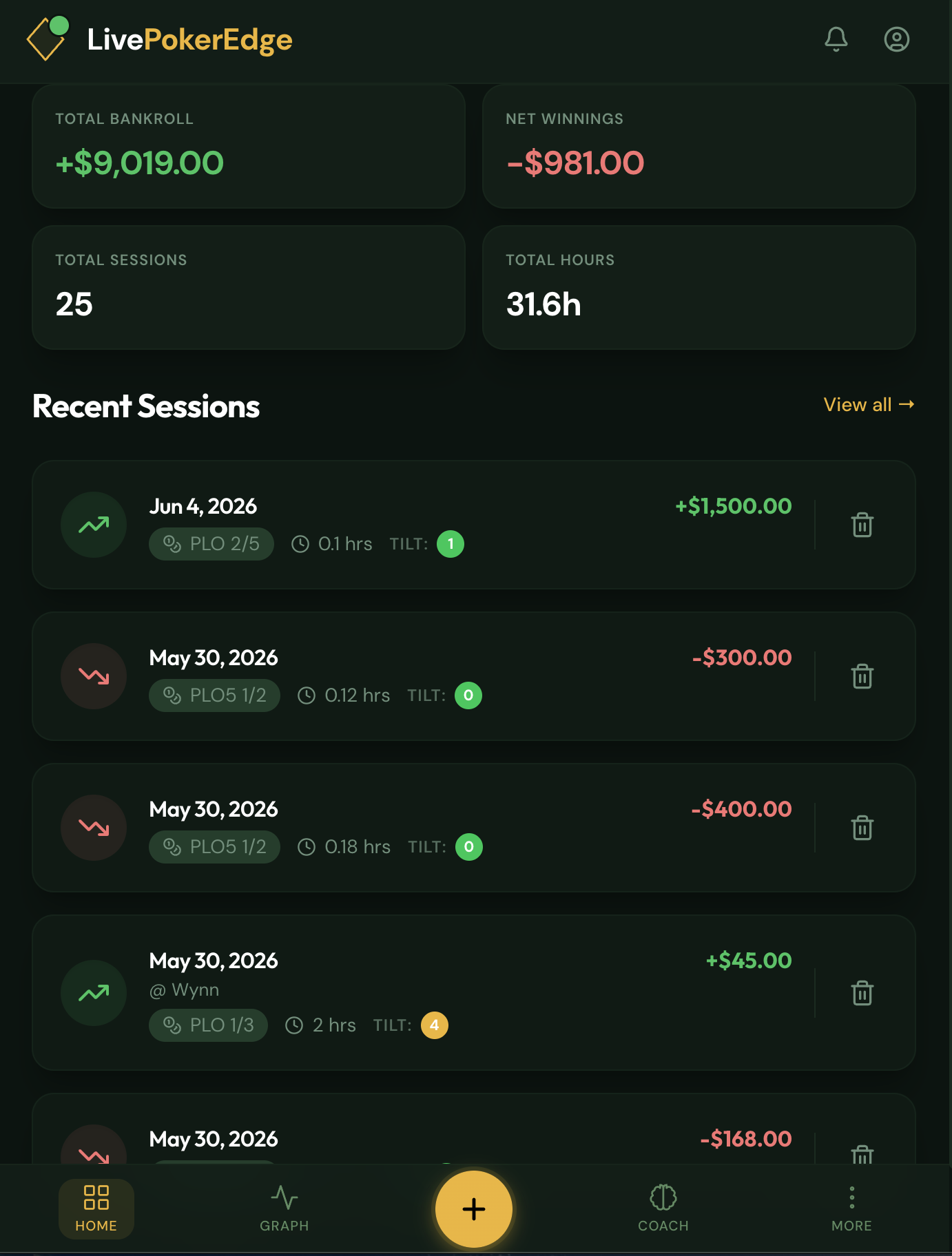 LivePokerEdge home screen